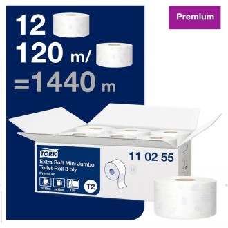 Tork 110255, Mini Jumbo, extra jemný 3-vrstvý toaletní papír 12 ks Premium, T2, 120m