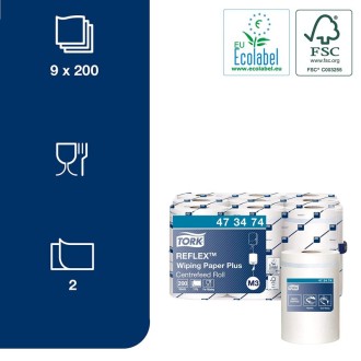 Tork Reflex 473474, utěrka středové odvíjení mini bílá 2 vrstvá, návin 67 m, M3, karton = 9 rolí